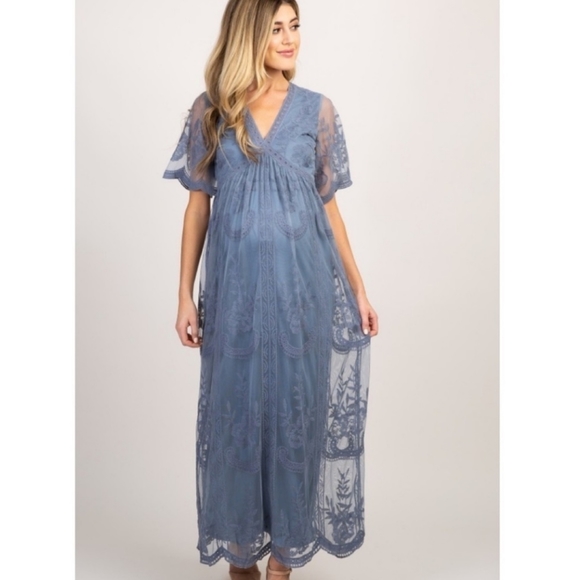 Pinkblush Dresses & Skirts - PinkBlush Blue Gray Lace Mesh Overlay Maternity Maxi Dress